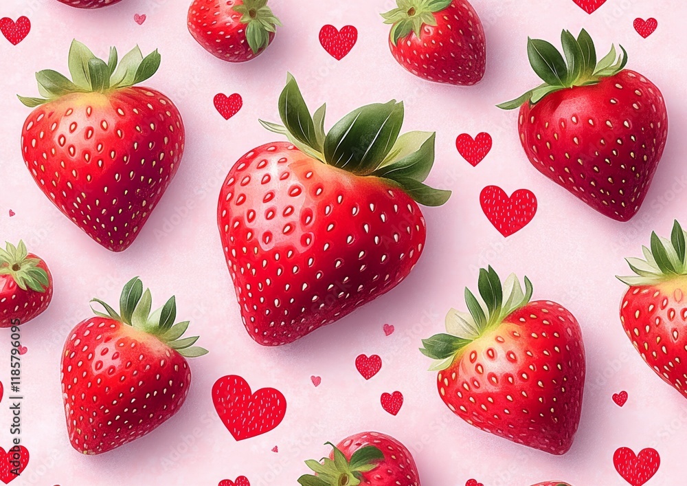 Poster close up of a bunch of red strawberries with hearts surrounding them. the strawberries are arranged 