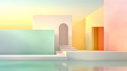 Fototapeta premium Minimalist and elegant pastel gradient background with a subtle textured noise overlay featuring a detailed architectural with a modern geometric design in an urban cityscape setting