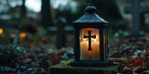 Cemetery grave with a candle glass lantern featuring a holy cross, symbolizing remembrance. The candle glass lantern is significant for the observance of All Saints Day and the commemoration of the