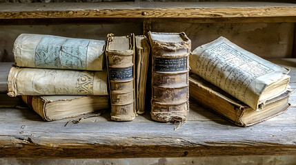 Aged books on weathered wooden shelf in abandoned library.