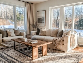 Cozy Living Room With Neutral Decor And Winter Scenery