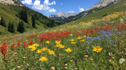 Obraz premium Vibrant wildflowers flourish in mountainous landscapes, showcasing the beauty of wildflowers and their role in creating stunning natural scenery within elevated terrains.