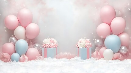 Festive Winter Birthday Scene With Pastel Balloons and Gifts