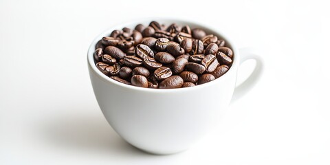 Fototapeta premium Fresh roasted coffee beans displayed in a white coffee cup, showcasing the rich aroma and texture of fresh roasted coffee beans against a clean white background. Ideal for coffee enthusiasts.