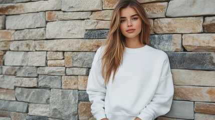 Young woman in white sweatshirt leans against a stone wall. Perfect for fashion, apparel, or lifestyle projects.