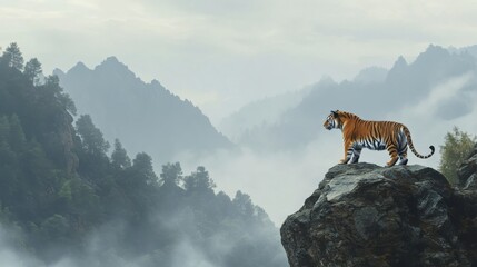 majestic tiger standing on a high cliff edge, looking out over a vast mountain range shrouded in mist.