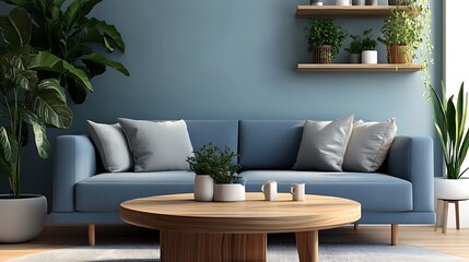 Modern Living Room Interior With Comfortable Sofa Living Room Interior With Picture Frame On Gray Walls

