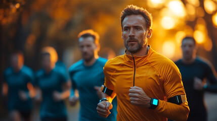 Focused man running with a group during sunset, wearing a bright orange jacket and fitness tracker, symbolizing health, endurance, and an active lifestyle
