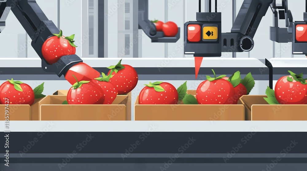 Poster automated tomato harvesting: robotic arms sorting ripe tomatoes into cardboard boxes on a conveyor b
