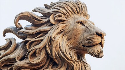 A majestic wood carving of a lion with a flowing mane, set against a white background, highlighting...