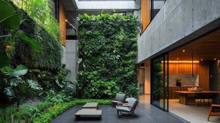 Modern home's lush courtyard garden patio furniture relaxation