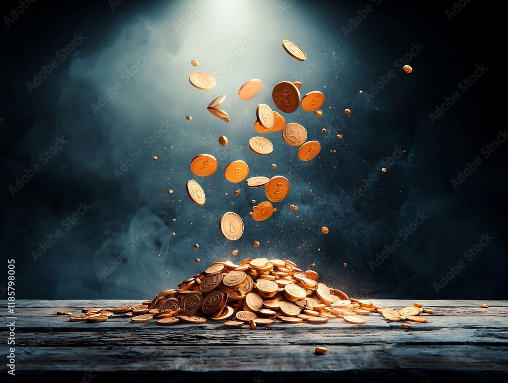 Poster radiant golden coins spilling forth in a mesmerizing display the weathered wooden table serving as a
