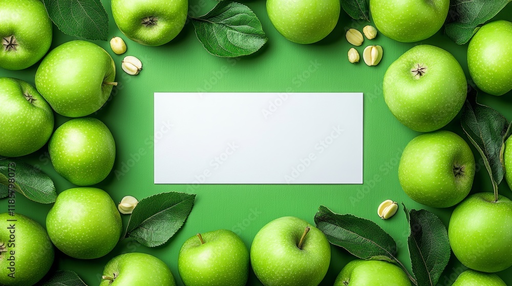 Poster white sign is placed in the middle of a green background with apples and nuts. the apples are arrang
