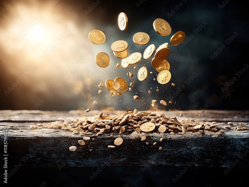 Poster radiant golden coins spilling forth in a mesmerizing display the weathered wooden table serving as a