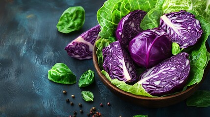 Bowl of purple cabbage with green leaves and some pepper. The bowl is on a table