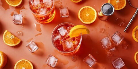 Negroni cocktails featuring Campari, Aperol, and oranges are beautifully arranged with a shaker and a jigger in this top shot, showcasing ice cubes enhancing the Negroni experience.