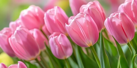 Fototapeta premium Close up view of cute pink tulips, showcasing vibrant spring pink flowers that brighten any setting with their delicate beauty, making these pink tulips a perfect addition to floral collections.