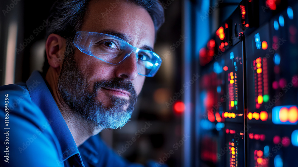 Poster confident engineer wearing safety glasses working with advanced technology in a high-tech control ro