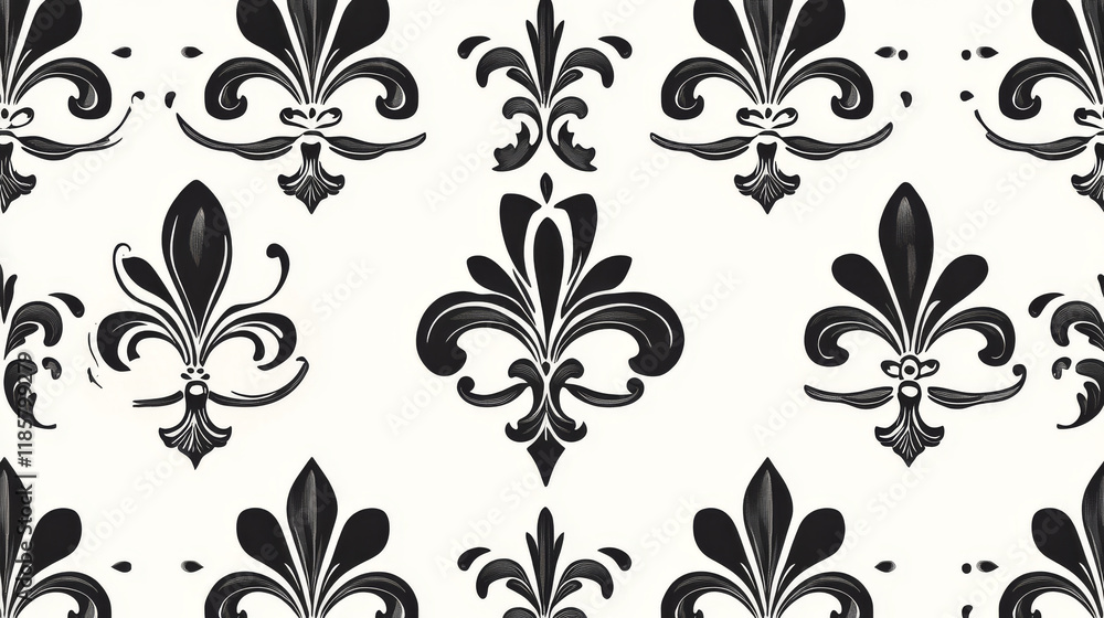 Poster seamless black and white stylized fleur de lys pattern with an ornate repeat motif in square format 
