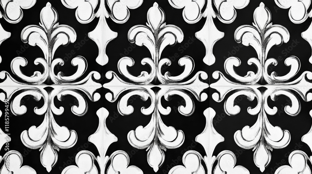 Poster seamless black and white stylized fleur de lys pattern with an ornate repeat motif in square format 