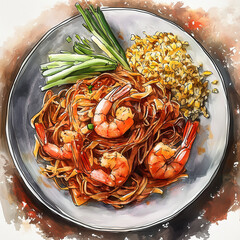 Watercolor illustration of Pad Thai with shrimp, bean sprouts, and green onions on a plate