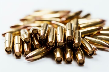Naklejka premium Numerous hollow point bullets are arranged on a white surface, creating an abstract pattern with their metallic and copper tones