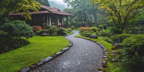 Fototapeta premium Pathway through a garden leads to a traditional old house, creating a charming scene. This beautiful pathway invites exploration, highlighting the serene beauty of a garden and its traditional