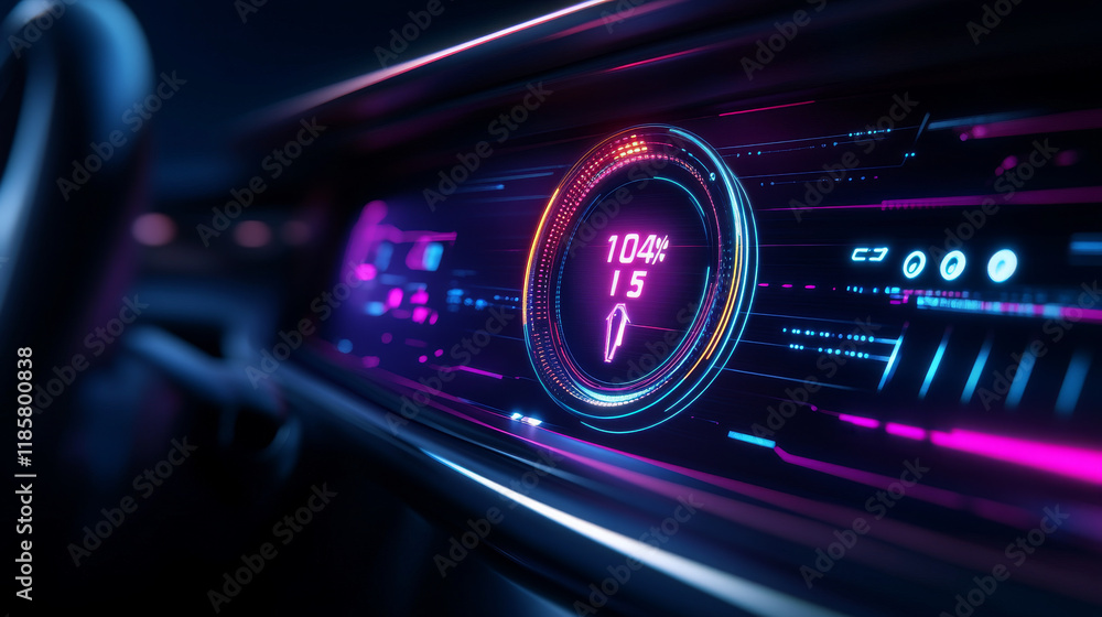 Poster speed meter loading bar, futuristic gauge dial or speedometer, vector neon led digital dashboard. lo