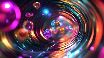 Fototapeta premium Colorful spheres travel through a swirling tunnel of light
