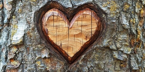 Heart carved into a tree symbolizes love. This wooden heart pattern on the tree bark represents affection, making it an ideal image for Valentine s Day celebration. A unique wood art touch.