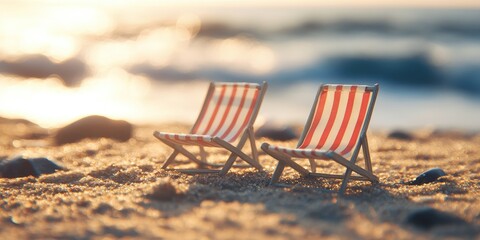 Miniature deckchairs rest on a sandy beach, capturing the essence of relaxation. These adorable miniature deckchairs enhance the tranquil atmosphere of the sandy beach setting.