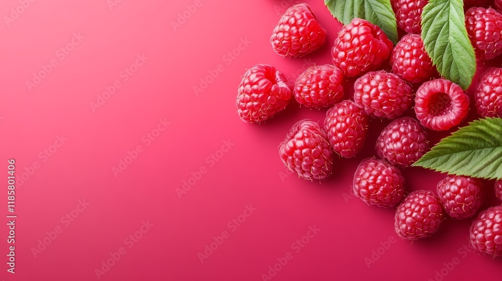 Poster close up of a bunch of red raspberries with a green leaf. the raspberries are arranged in a way that