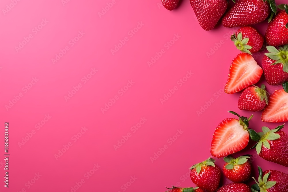 Poster close up of a pink background with a bunch of strawberries on it. the strawberries are cut in half a