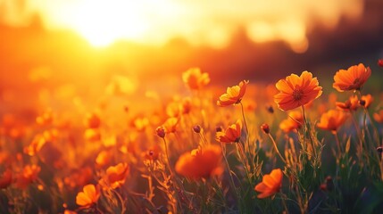 Obraz premium Beautiful orange flowers with a stunning sunset in the background create a breathtaking scene, showcasing the vibrant colors of the orange flowers against the warm hues of the sunset.