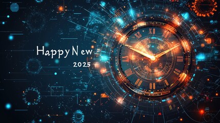 Glowing Clock New Year 2025 Digital Art Futuristic Abstract Celebration