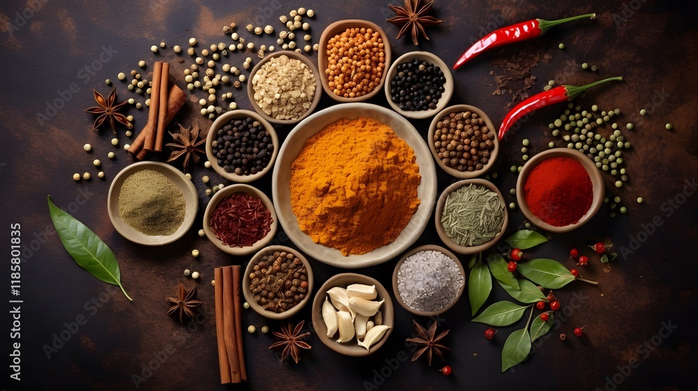 Poster overhead flat lay shot of a diverse selection of traditional spices and herbs from various countries