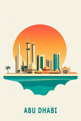 Obraz premium Abu Dhabi UAE illustrated poster in retro style. Vintage travel booklet, brochure, postcard, print, cover with scenic panorama, bay, skyscrapers