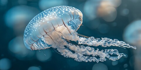 Obraz premium An enchanting image features a gracefully floating jellyfish in serene waters, beautifully highlighting the jellyfish s translucent body and its captivating reflection of light.