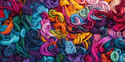 Fototapeta premium Looking down at a chaotic arrangement of vibrant threads showcasing an array of different colors in a tangled assortment.
