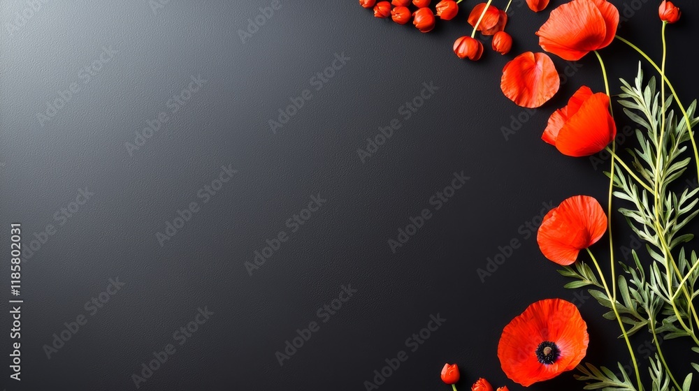 Poster black background with a red border and red flowers and berries. the image has a warm and inviting fe