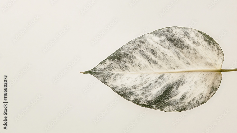 Poster a single, large leaf with a unique pattern against a light background.
