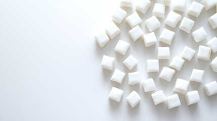 White sugar cubes scattered on a white background