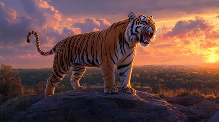 A majestic tiger standing on a rocky outcrop, roaring fiercely as the sun sets behind it. The orange and purple hues of the sunset .