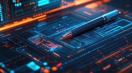 Futuristic digital circuit board with a sleek pen on a glowing surface.