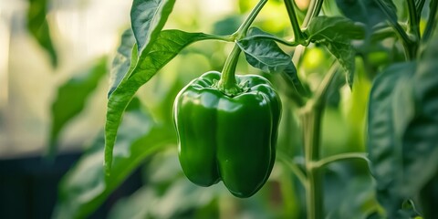 A vibrant green pepper hanging from its vine showcases the freshness and allure of green peppers, highlighting their unique color and appeal in culinary uses and gardens alike.