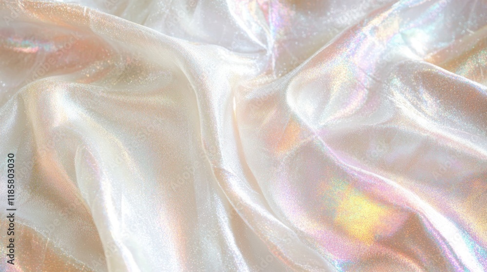 Poster holographic foil on a bright white background with subtle pearlescent gradients, creating a modern a