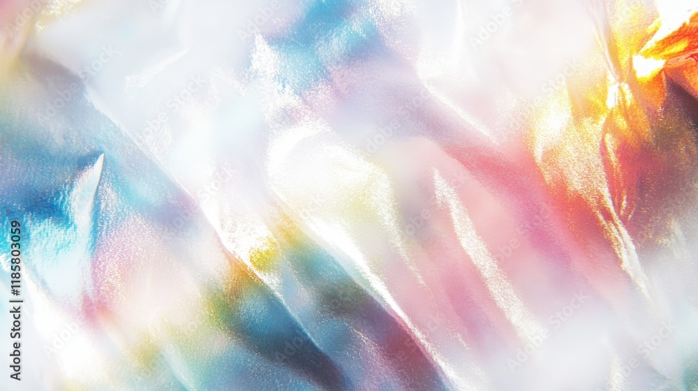 Poster holographic foil on a bright white background with subtle pearlescent gradients, creating a modern a