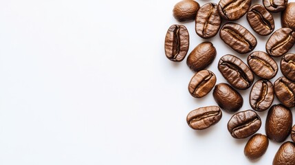 Naklejka premium Top view close up of a heap of aromatic roasted brown coffee beans against a bright white background, enhanced by soft natural sunlight that highlights the rich texture of the coffee beans.