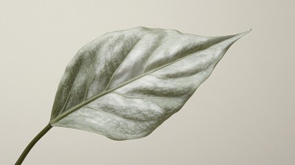 A close-up of a textured green leaf against a neutral background.