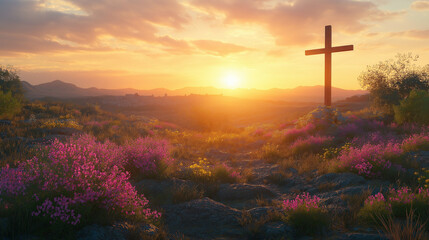 A cross at sunrise amidst bright pink flowers at sunrise symbolizes peace, hope, and the arrival of Easter and Spring.